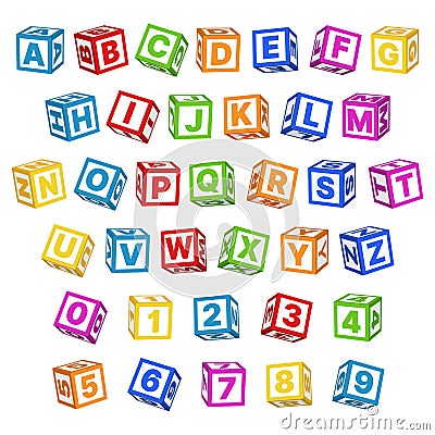 Letter blocks font. 3d children toys english alphabet, baby cubes different angles, bright color letters and numbers Vector Illustration