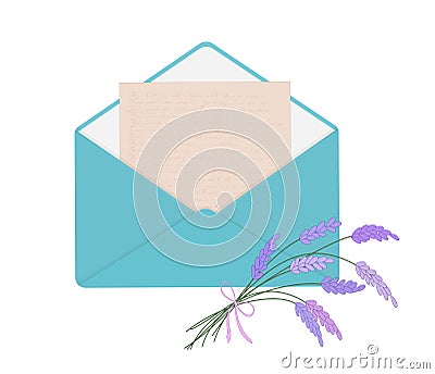 Letter in blue envelope with bouquet of lavender. Vector Illustration