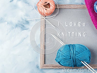 Letter board with words I Love knitting and yarn Stock Photo