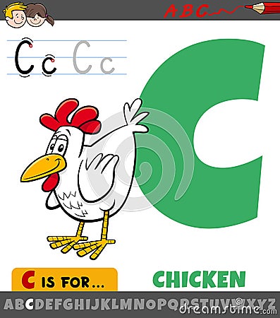 letter C from alphabet with cartoon chicken bird Vector Illustration