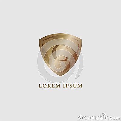 Letter C alphabet logo design template. Luxury gold decorative shield sign illustration. Security, protection logo concept. Vector Illustration