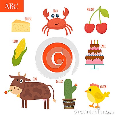 Letter C. Cartoon alphabet for children. Cake, cow, cherry, cactus, cheese, crab, corn, chick Vector Illustration