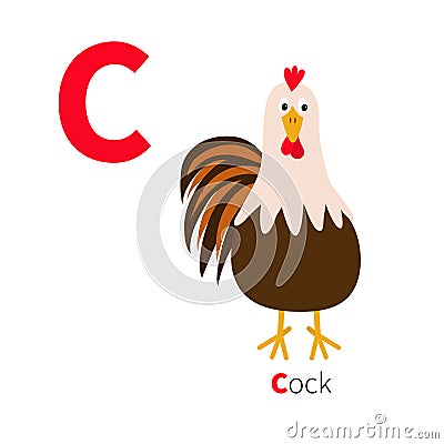 Letter C. bird. Cute cartoon funny character with big feather tail. Baby farm animal collection. Zoo alphabet. English abc. F Vector Illustration