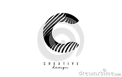 Letter C logo with black twisted lines. Creative vector illustration with zebra, finger print pattern lines Vector Illustration