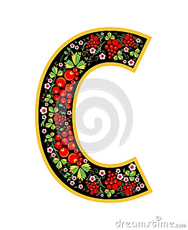 Letter C in the Russian style. The style of Khokhloma on the font. A symbol in the style of a Russian doll on a white background. Vector Illustration