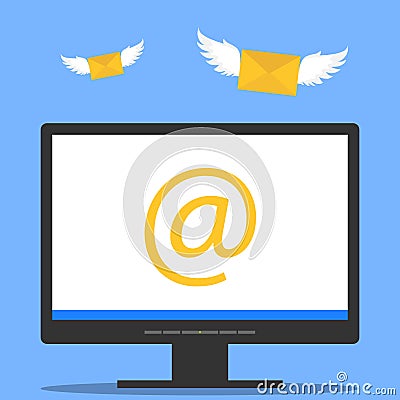 The letter came by e-mail. A letter with wings flies to the computer monitor. Cartoon Illustration