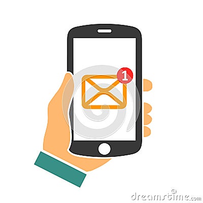 The letter came to the phone. Human hand holding smartphone - vector Vector Illustration