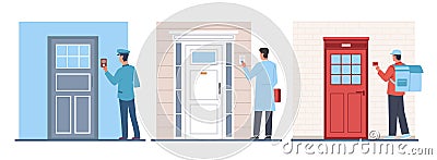 Letter carrier, doctor and delivery man ring doorbell. Men in uniform near door, pushing button. Ding dong. Male Vector Illustration