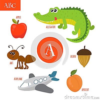 Letter A. Cartoon alphabet for children. Alligator, ant, apple, Vector Illustration