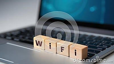 Letter cubes spell out a quest for wi-fi knowledge Stock Photo