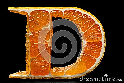 The letter D artistically shaped from orange slices against a black background Stock Photo
