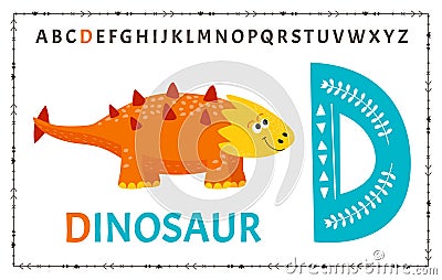 Letter D of childish English alphabet with cute baby dinosaur. Kids font with funny animal for kindergarten and Vector Illustration