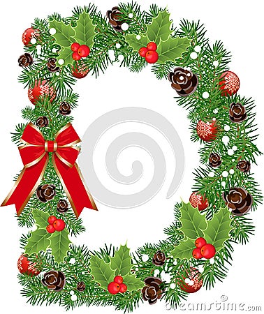 Letter D with decoration for Christmas design and New Year with spruce tree and holly red berries Vector Illustration