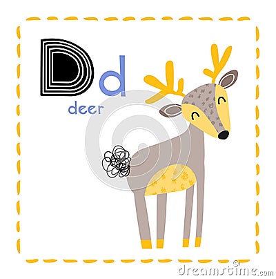 Letter D. Funny Alphabet for young children. Learning English for kids concept with a font in black capital letters in Vector Illustration