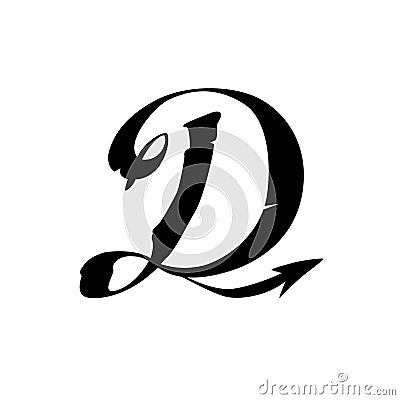 The letter D in the Gothic style. Vector. Latin capital letter symbol. The letter D with the tail of the devil. Brand company and Vector Illustration