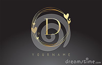 Letter D Logo with golden circle frames and golden hearts Vector Illustration