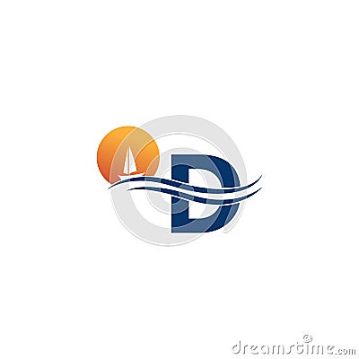 Letter D logo with ocean landscape icon template Vector Illustration