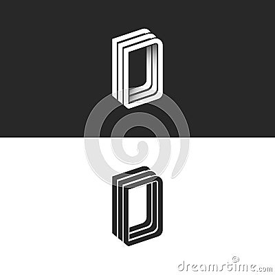 Letter D logo perspective modern typography design element, monogram isometric shape DDD emblem 3D overlapping parallel thin lines Vector Illustration