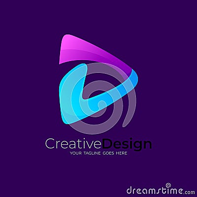 Letter D logo with play design illustration , simple 3d Vector Illustration