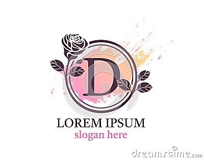 Letter D monogram logo. Circle floral style with beautiful roses. Feminine Icon Design Vector Illustration
