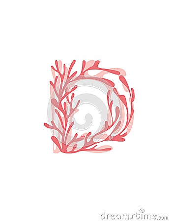 Letter D pink colored seaweeds underwater ocean plant sea coral elements flat vector illustration on white background Vector Illustration