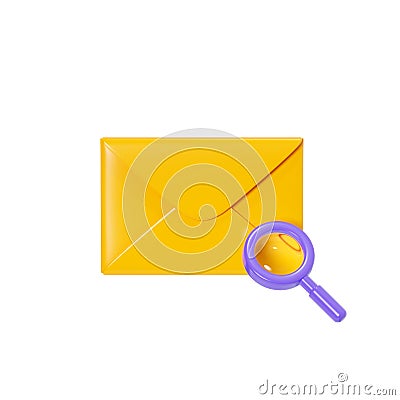 Letter 3d render - closed yellow envelope with magnifier glass isolated on white. New mail or message notification. Stock Photo