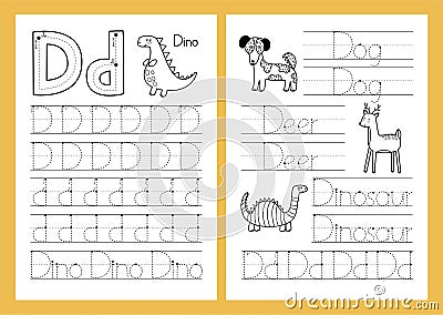 Letter D. Tracing practice worksheet set. Learning alphabet activity page Vector Illustration