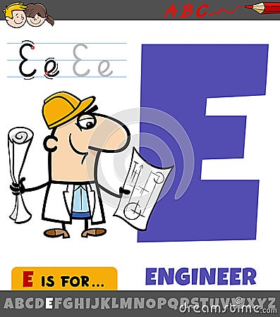 letter E from alphabet with cartoon engineer character Vector Illustration