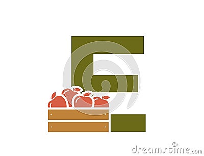 letter e with apple crate. fruit alphabet logotype symbol. harvest and gardening design Vector Illustration