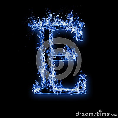 Letter E. Blue fire flames on black Stock Photo