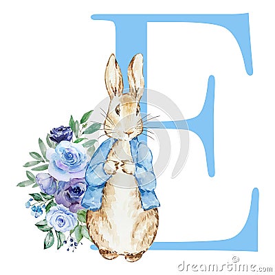 Letter E blue with watercolor cute rabbit with flowers Stock Photo
