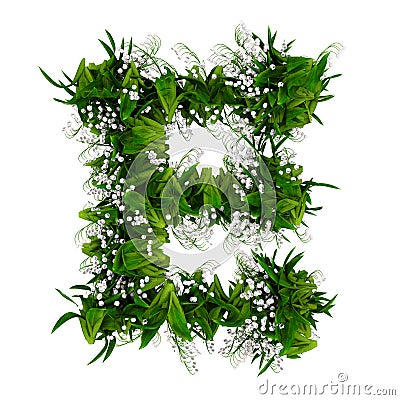 Letter E made of flowers and grass isolated on white. 3d illustration Cartoon Illustration