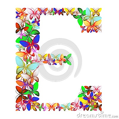 The letter E made up of lots of butterflies of different colors Stock Photo