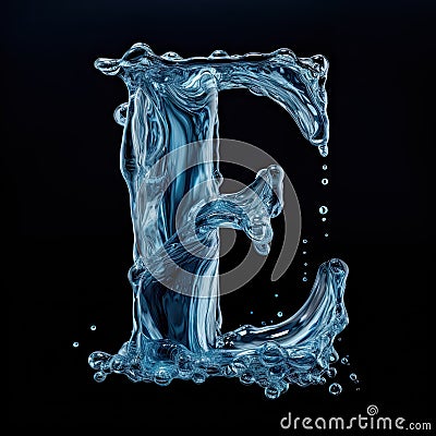 Letter E made of water. Font with splashes and drops of blue liquid. Typographic symbol Stock Photo