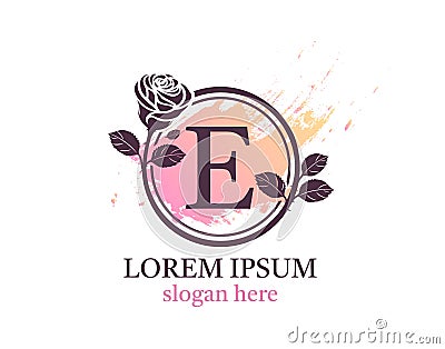 Letter E monogram logo. Circle floral style with beautiful roses. Feminine Icon Design Vector Illustration