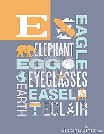 Letter E words typography illustration alphabet poster design Vector Illustration