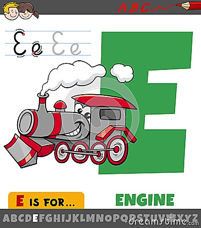 Letter E worksheet with cartoon engine Vector Illustration