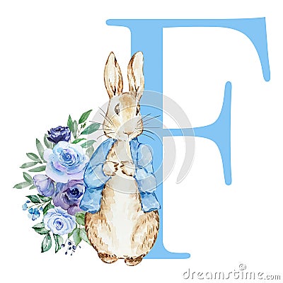Letter F blue with watercolor cute rabbit with flowers Stock Photo
