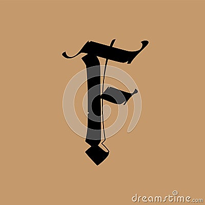 Letter F, in the Gothic style. Vector. Alphabet. The symbol is isolated on a golden background. Calligraphy and lettering. Vector Illustration