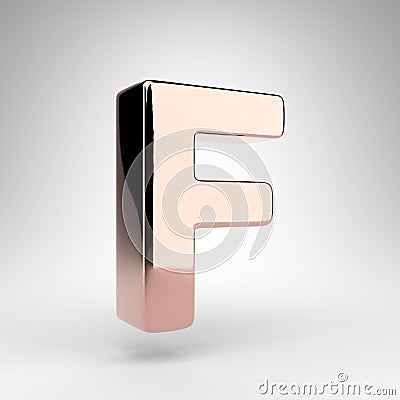 Letter F uppercase on white background. Rose gold 3D letter with gloss chrome surface Stock Photo