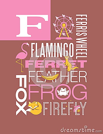 Letter F words typography illustration alphabet poster design Vector Illustration