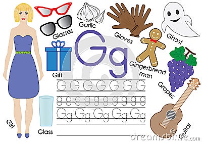 Letter G. English alphabet. Writing practice. Educational game Vector Illustration