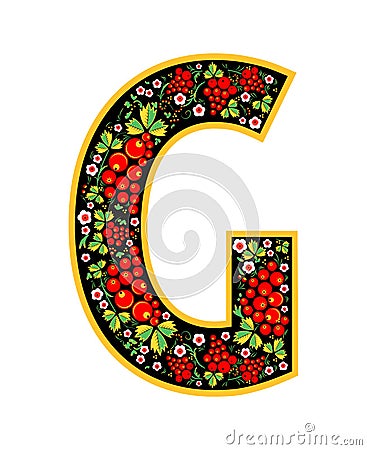 Letter G in the Russian style. The style of Khokhloma on the font. A symbol in the style of a Russian doll on a white background. Vector Illustration