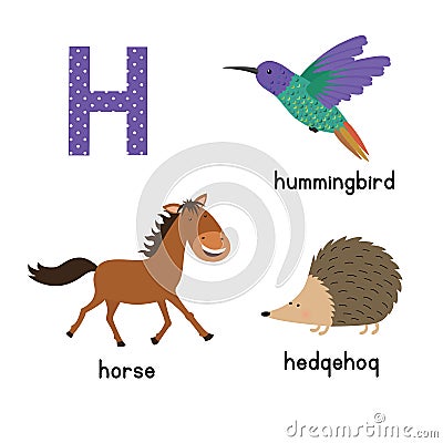 Letter H. Cartoon alphabet for children. vector illustration animal horse, hedgehog, Hummingbird Vector Illustration