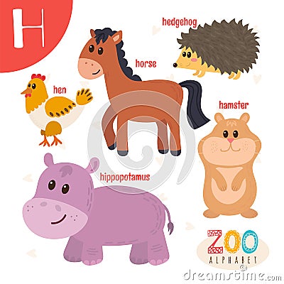 Letter H. Cute animals. Funny cartoon animals in vector. Vector Illustration