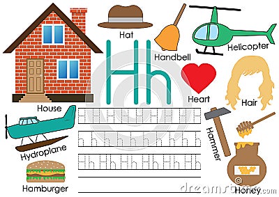 Letter H. Learning English alphabet with pictures. Writing practice Vector Illustration