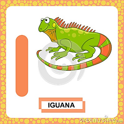 Letter I uppercase with cute cartoon Green Iguana lizard isolated on white background. Funny colorful flashcard Zoo and animals Stock Photo