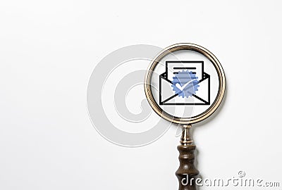 Letter icon with correct sign symbol inside of magnifier glass for verify e-mail before open and prevent software virus and Stock Photo