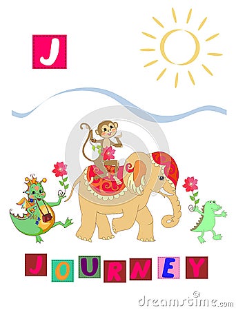 Letter J. Cute cartoon english alphabet with colorful image and word. Vector Illustration