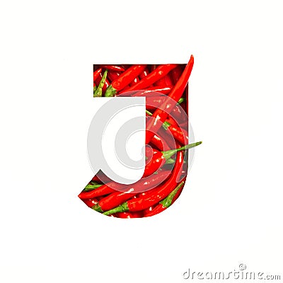 Letter J of English alphabet of hot red chili pepper and cut paper isolated on white. Font of spicy vegetables Stock Photo